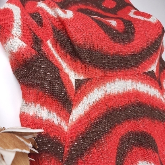 Tory Burch Red Cream Brown Linen Dress Sz 4 - Picture 8 of 12